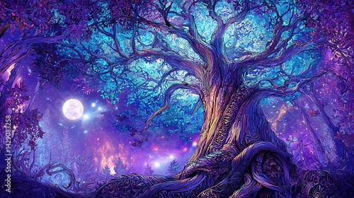Create a high fantasy digital art piece in purple and blue tones, featuring a grand elfish 'Tree of Life with galaxies'. The tree is immense, richly detailed, and adorned with.