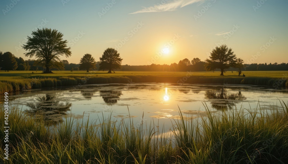 Obraz premium Serene Sunrise Over Tranquil Pond with Lush Greenery and Trees