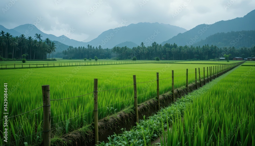 Fototapeta premium Lush Green Rice Fields with Mountains and Cloudy Sky in Background