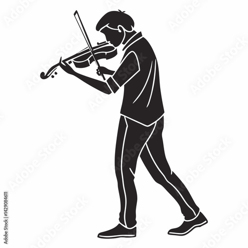 Silhouette Of A Young Musician Playing Violin Elegantly On A White Background