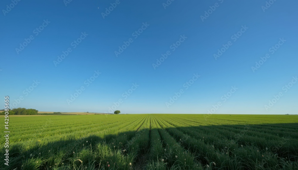 Fototapeta premium Lush Green Field Under Clear Blue Sky on a Sunny Day