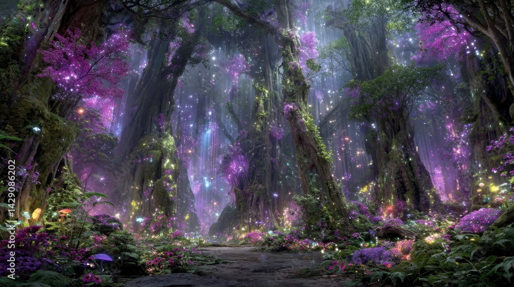 Magical enchanted forest path at night with glowing purple flowers and trees, sparkling lights, fantasy landscape.