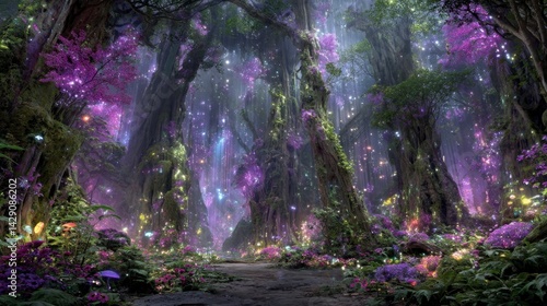 Obraz na płótnie Magical enchanted forest path at night with glowing purple flowers and trees, sparkling lights, fantasy landscape. w salonie