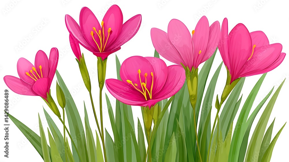 Obraz premium Vibrant pink flowers with green leaves, isolated on white