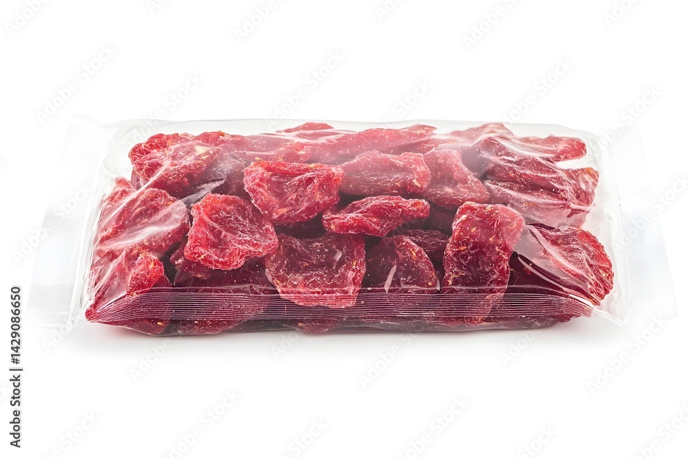 Fototapeta premium Dried Strawberry Pack: An overhead shot captures a transparent pack brimming with dried strawberry, presenting a tempting view of the flavorful treats.