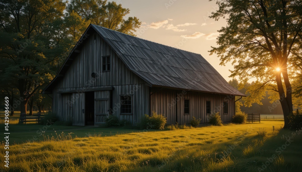 Obraz premium Rustic Barn Surrounded by Green Meadow and Bright Sunrise Glow