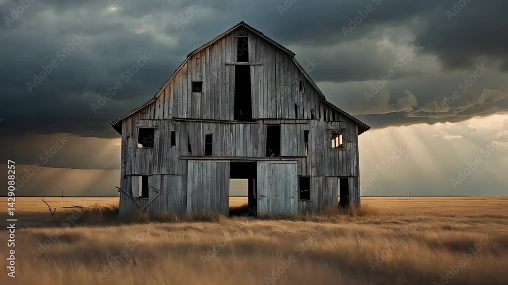 Abandoned weathered barn in a wide open field with dramatic storm clouds and sun rays breaking through the sky, symbolizing desolation and nature's power.
Abandoned weathered barn in a wide open field with dramatic storm clouds and sun rays breaking through the sky, symbolizing desolation and nature's power.