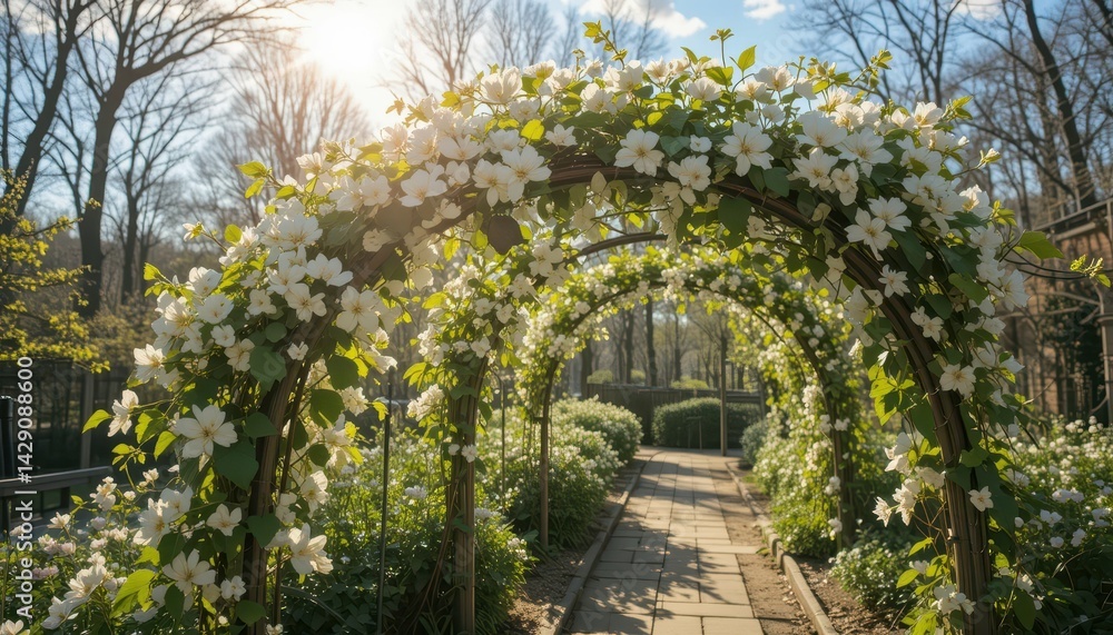 Obraz premium Serene Garden Pathway with Blooming White Flowers in Springtime