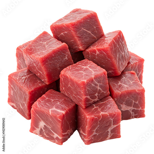 Raw Beef Meat Cubes Isolated on transparent Background.

