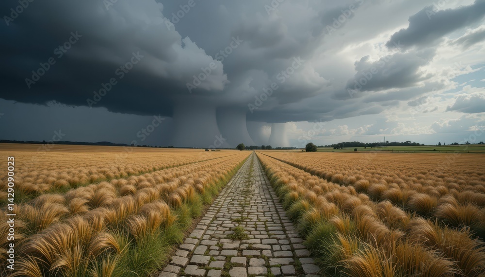 Obraz premium Stormy Sky Over Golden Wheat Field with Cobblestone Pathway