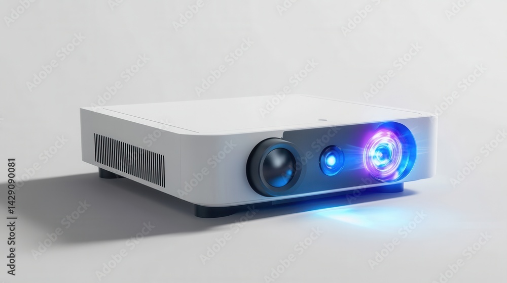 Fototapeta premium A projector with a laser lens and a compact form, placed on a plain white background