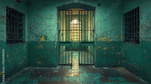 prison cell green door prison cell interior seen through barred door opening