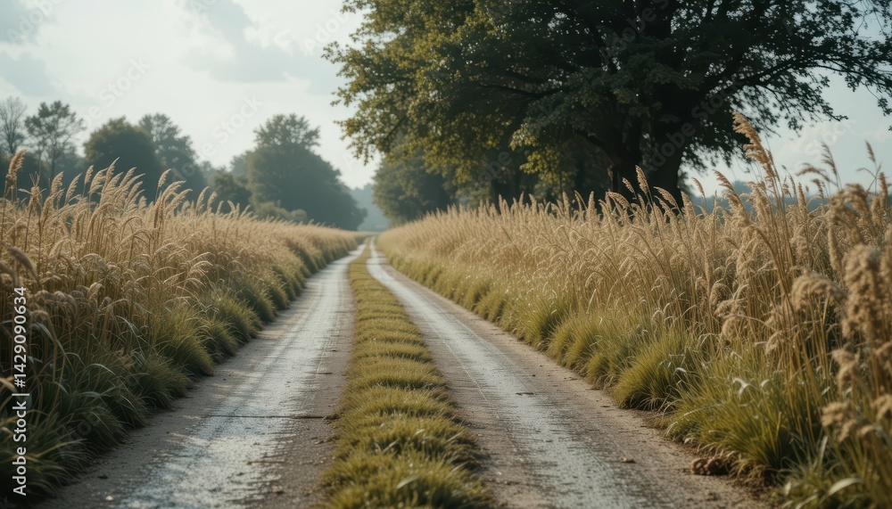 Naklejka premium Serene Country Road Flanked by Tall Grass and Lush Greenery