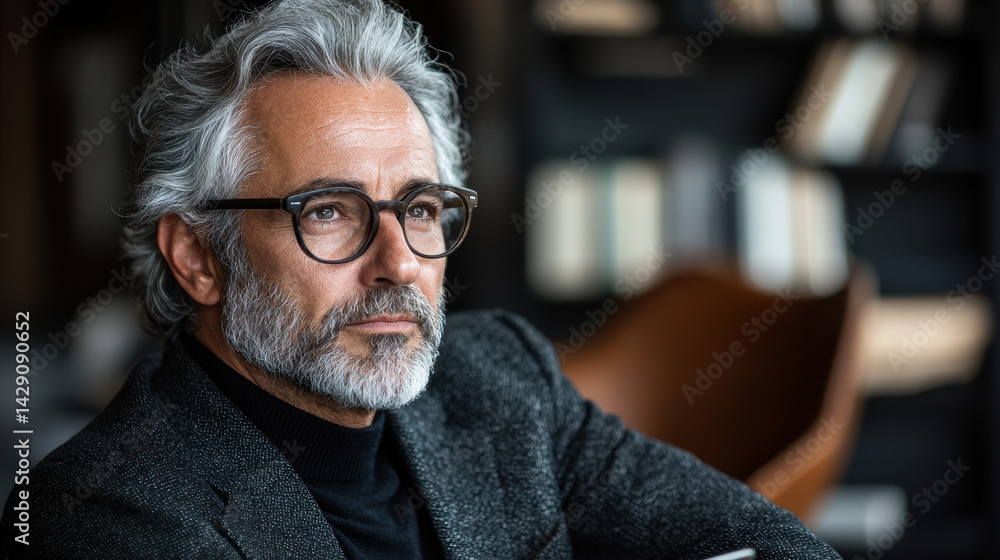 Middle-aged professional engaged in online learning for career retraining in a modern home office Middle-aged professional engaged in online learning for career retraining in a modern home office