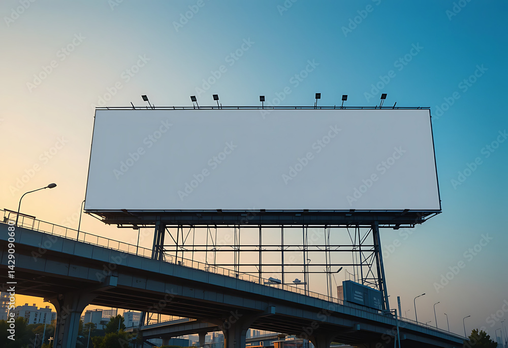 Blank Billboard on Highway Overpass at Sunset - Ideal for Advertisements Blank Billboard on Highway Overpass at Sunset - Ideal for Advertisements