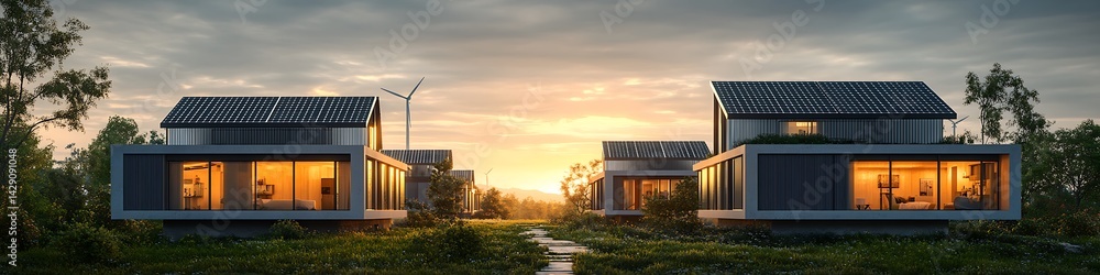 Obraz premium Self-Sustaining Eco-Homes Powered by Solar Wind and Hydro Energy in a Green Urban Area designed for self-sustainability 
