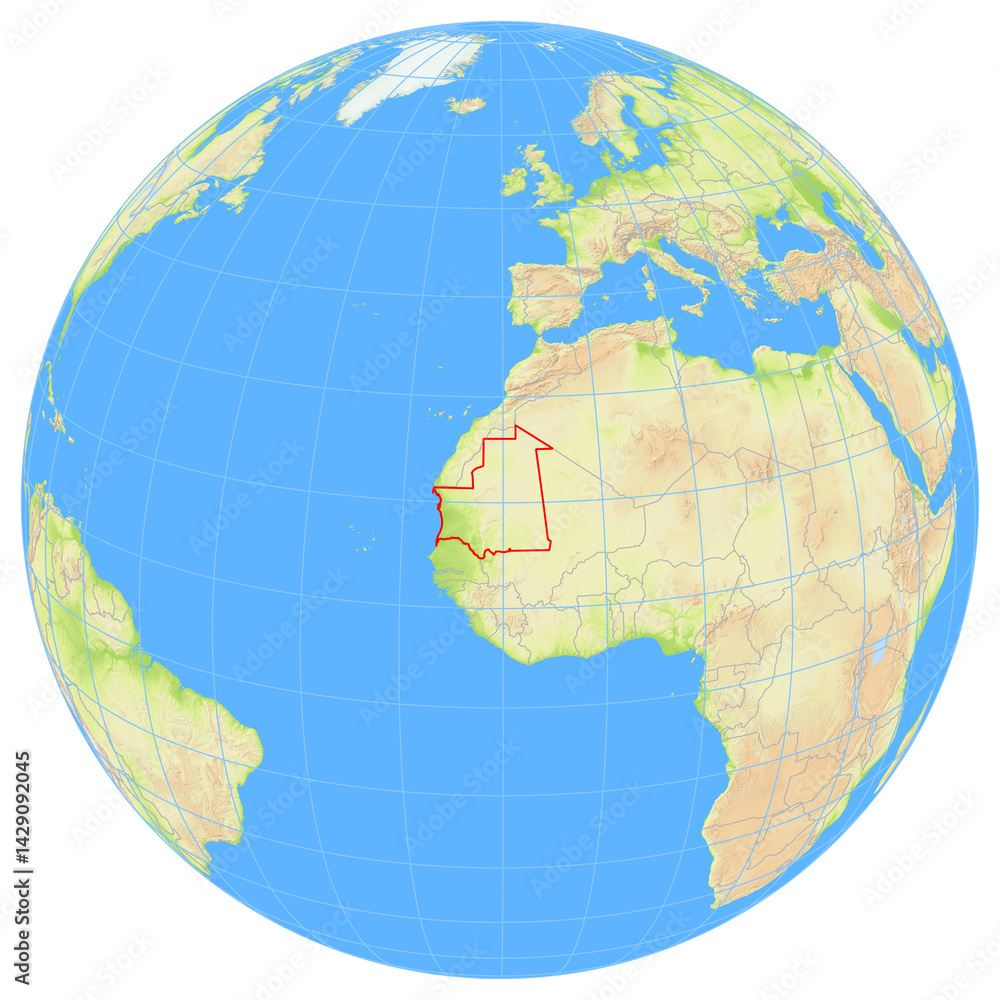 Naklejka premium View of the earth from space showing the location of Mauritania