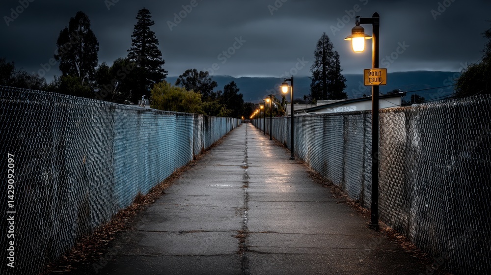 Obraz premium Dark, moody pathway at night, lined with walls adorned with abstract graffiti art, illuminated by vintage style street lamps under a cloudy sky.