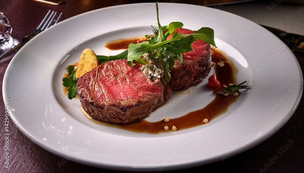 Lab-grown gourmet meat plated in a Michelin-star restaurant Lab-grown gourmet meat plated in a Michelin-star restaurant