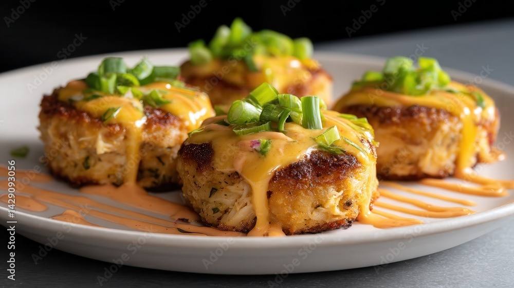 An eye level shot of a plate of cheesy Cajun crab cakes. The crab cakes contain the following ingredients, jumbo lump crabmeat, Cajun seasoning and gooey processed cheddar cheese. An eye level shot of a plate of cheesy Cajun crab cakes. The crab cakes contain the following ingredients, jumbo lump crabmeat, Cajun seasoning and gooey processed cheddar cheese.