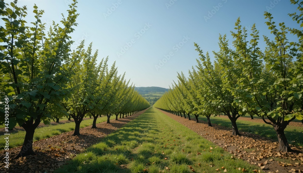 Naklejka premium Lush Green Tree Rows in a Scenic Orchard Landscape Under Clear Sky