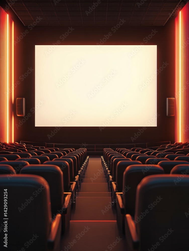 Fototapeta premium Empty movie theater with illuminated aisles and large screen.