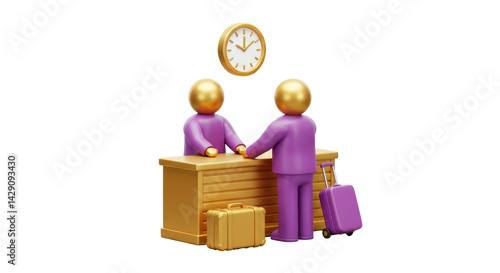 Isolated Golden Hotel Reception with Clock and Luggage