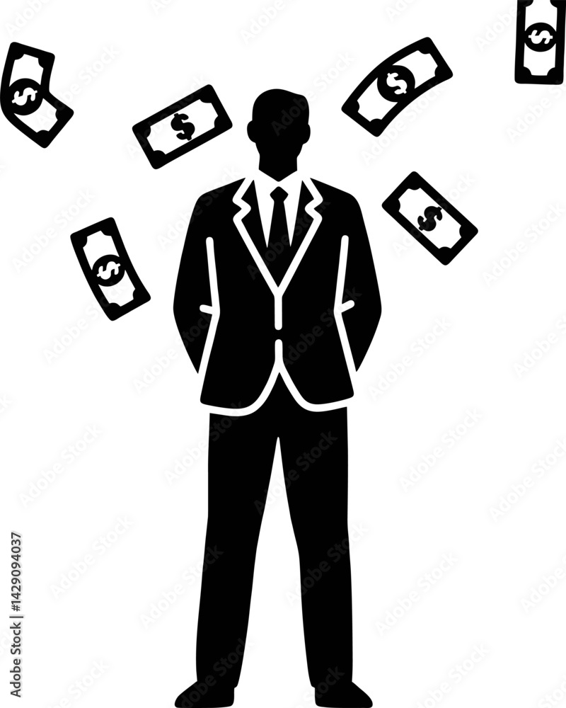 Black and white of a businessman in a suit with dollar bills floating around him. Bold vector illustration symbolizing wealth, success, financial gain, or business achievement.
Black and white of a businessman in a suit with dollar bills floating around him. Bold vector illustration symbolizing wealth, success, financial gain, or business achievement.