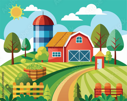 Picturesque Farm Landscape. Barn. Farmhouse. and Lush Green Fields