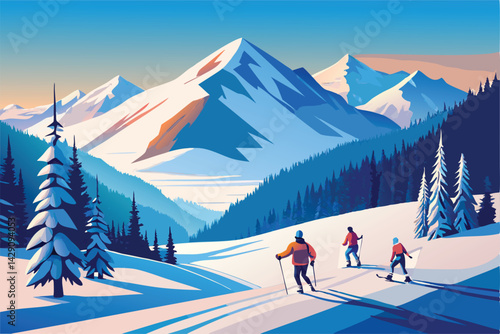 Majestic Winter Wonderland. Skiers in Snowy Mountains