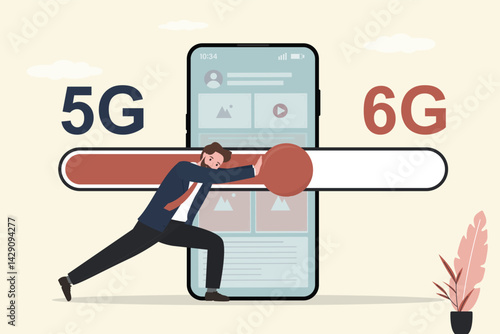 From 5G to 6G Wireless network concept. Fast connection and download speed. Male character push toggle on loading bar for boost internet connection speed.