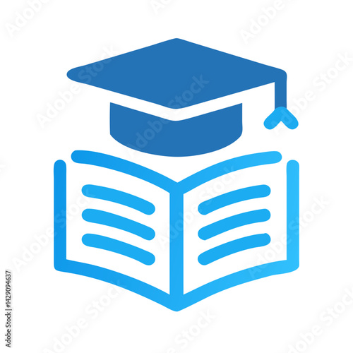 Open book with graduation cap in modern blue icon style

