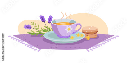Tea cup with lavender and cookies illustration