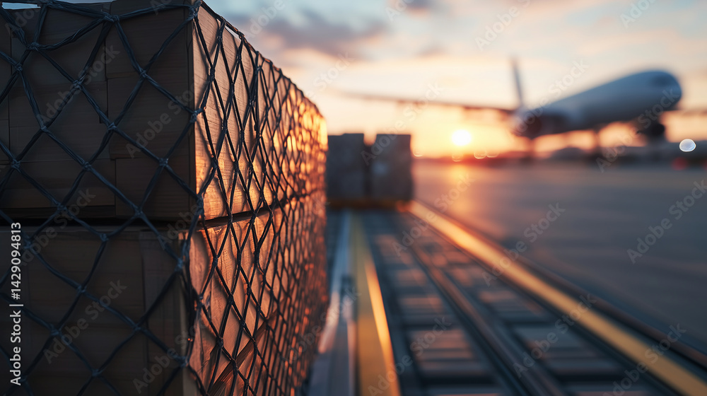 Close-up of cargo netting secured tightly over stacked crates, rolling toward open plane hatch on tracked system, background shows busy airport