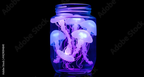 Glass Jar Containing Glowing Neon Jellyfish on Black Background – Surreal Fantasy-Inspired Isolated Object for Magical, Oceanic, or Conceptual Designs