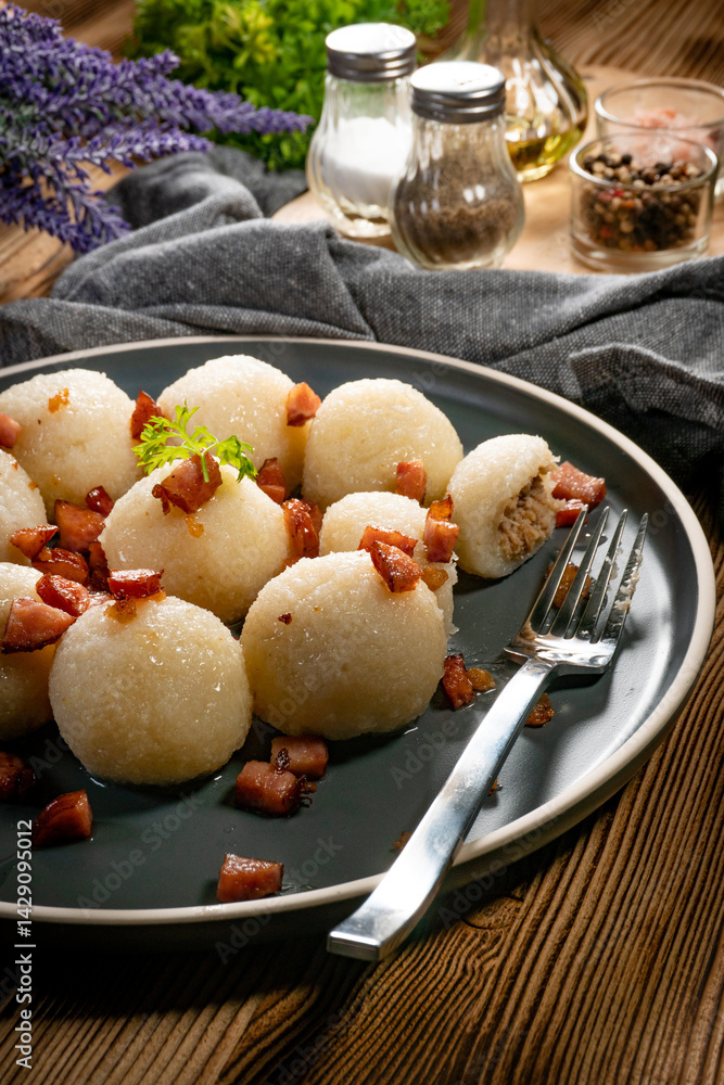Meat stuffed potato dumplings.