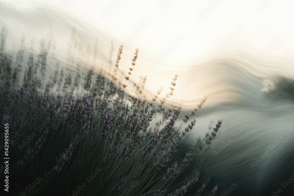 Obraz premium Abstract dreamy image of lavender field at sunset, with blurred motion effect creating a serene atmosphere.