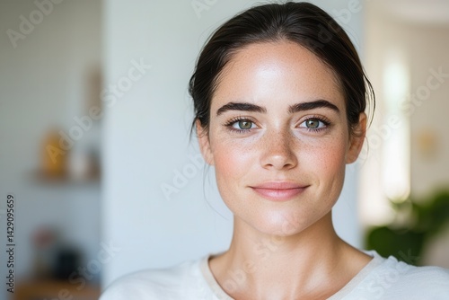 Smiling young caucasian female with dark hair and light eyes indoors.