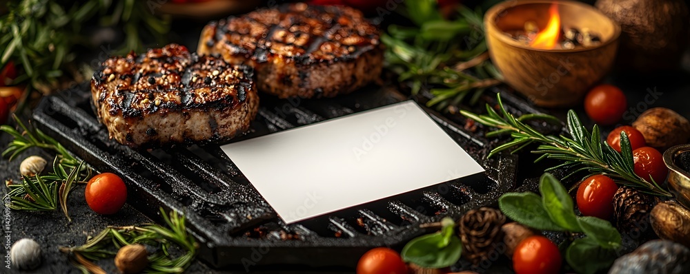 Grilled steaks on a barbecue grill with a blank card for Labor Day
