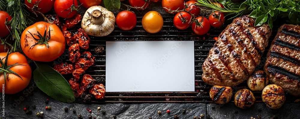 Barbecue ingredients and grilled meat with a blank card on a wooden board