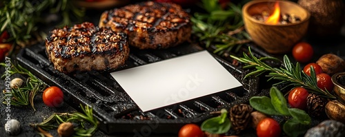 Obraz na płótnie Grilled steaks on a barbecue grill with a blank card for Labor Day w salonie