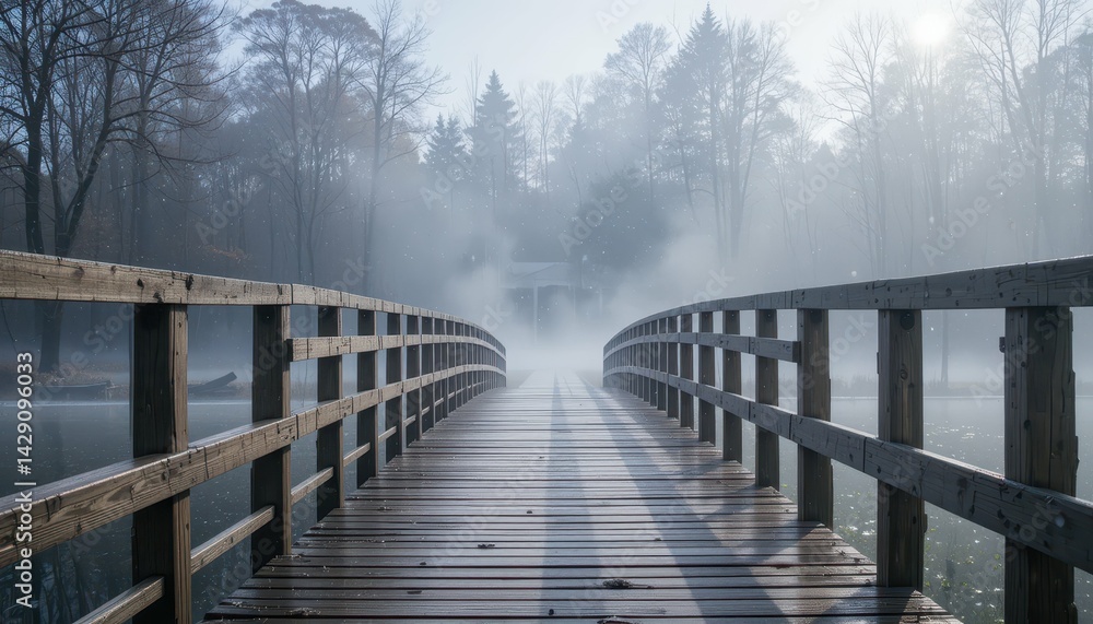 Naklejka premium Serene Misty Morning Over a Wooden Bridge in a Tranquil Forest