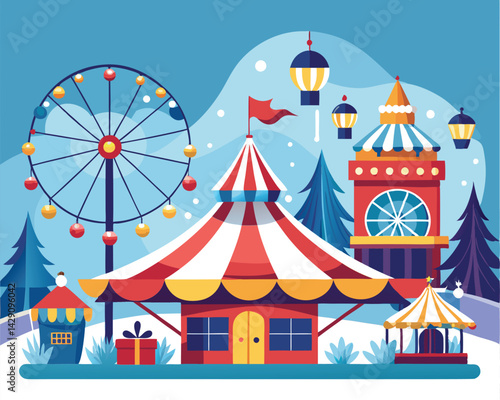 Enchanting Winter Amusement Park. Festive Fun and Holiday Cheer
