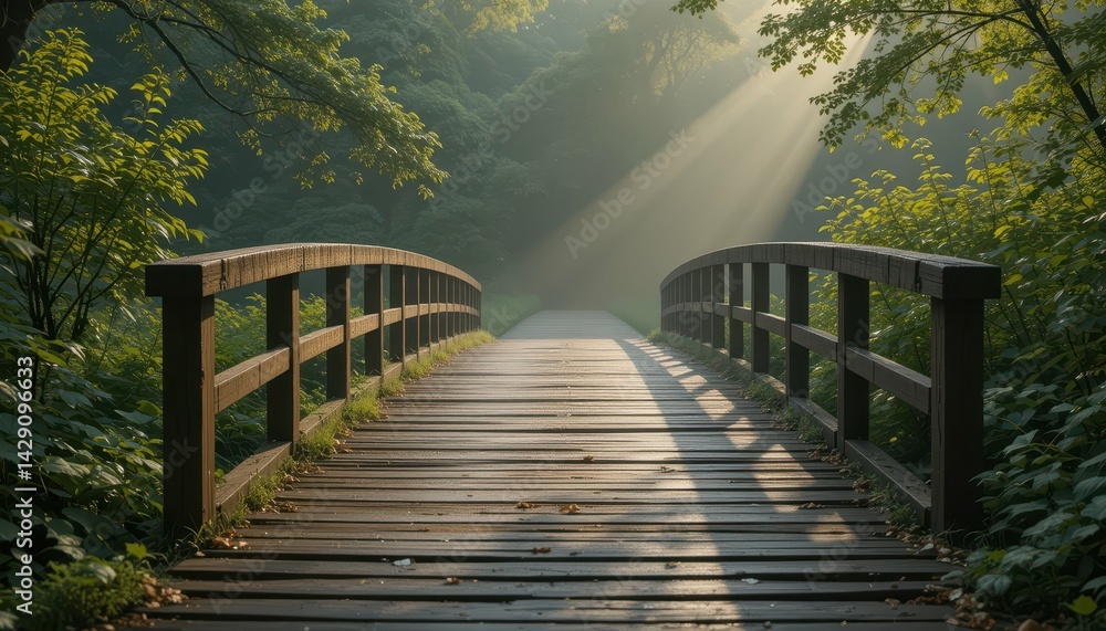 Fototapeta premium Tranquil Wooden Bridge Over Pathway Surrounded By Lush Greenery