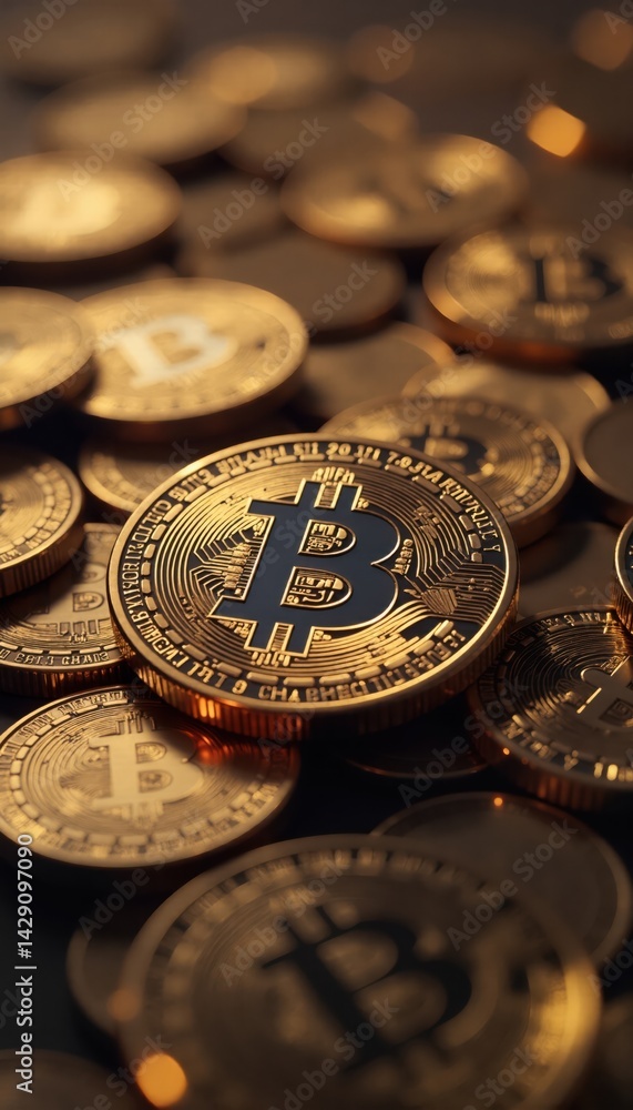 Close-up view of shiny gold Bitcoin coins stacked together, representing digital currency and finance. Close-up view of shiny gold Bitcoin coins stacked together, representing digital currency and finance.