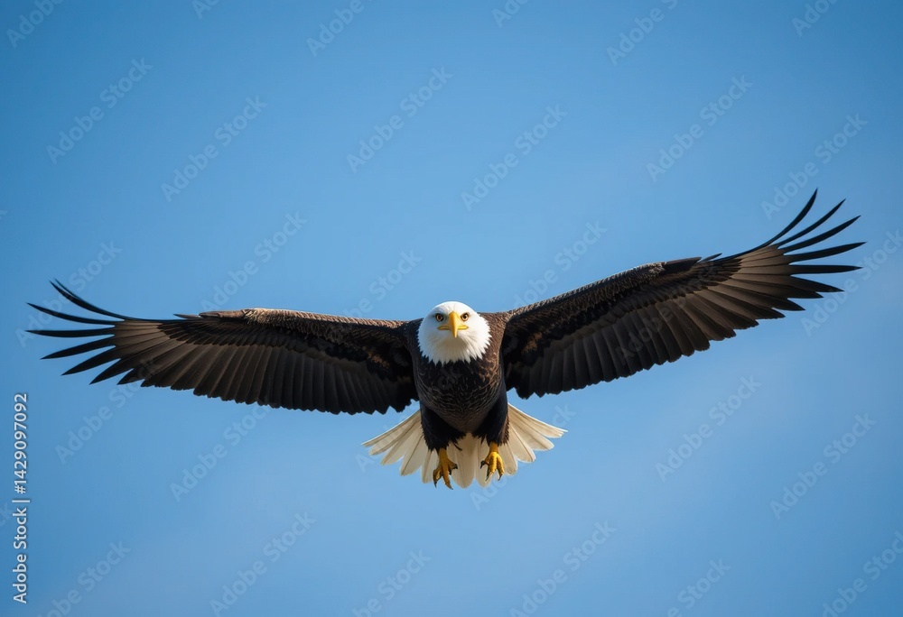 Fototapeta premium Majestic Bald Eagle Soaring in Clear Blue Sky – Wildlife Photography