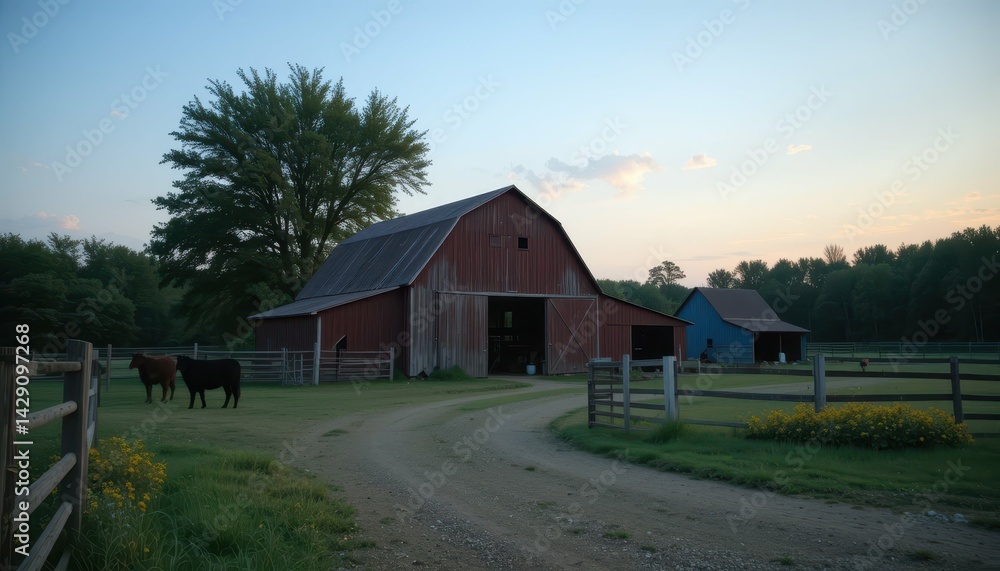 Obraz premium Red barn at sunset with grazing cows in rural countryside scene