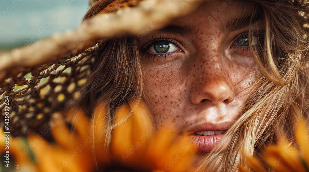 The image shows a close-up of a person's face, partially obscured by a woven hat and sunflowers