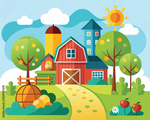 Picturesque Farm Scene. Red Barn. Lush Greenery. Sunny Day