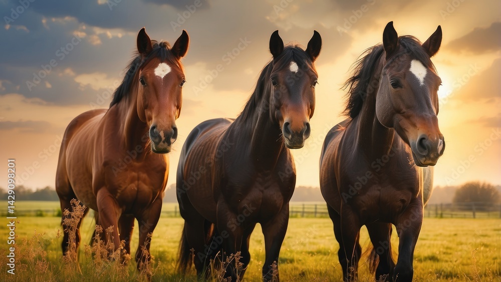 Three Beautiful Horses Standing Together in Open Field Three Beautiful Horses Standing Together in Open Field